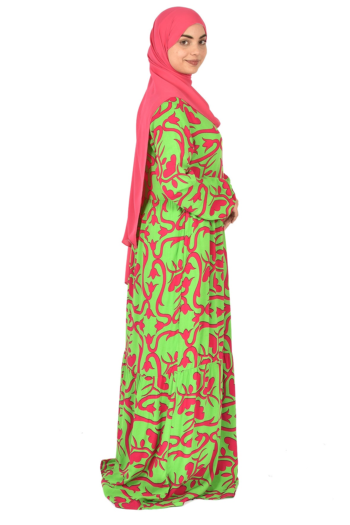Green & Fuchsia Artistic Print Abaya – Bold Meets Chic (guz dress )
