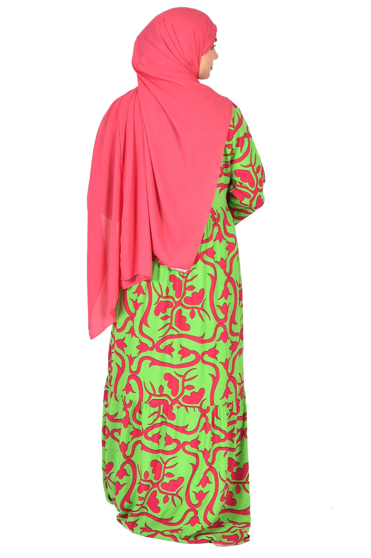 Green & Fuchsia Artistic Print Abaya – Bold Meets Chic (guz dress )