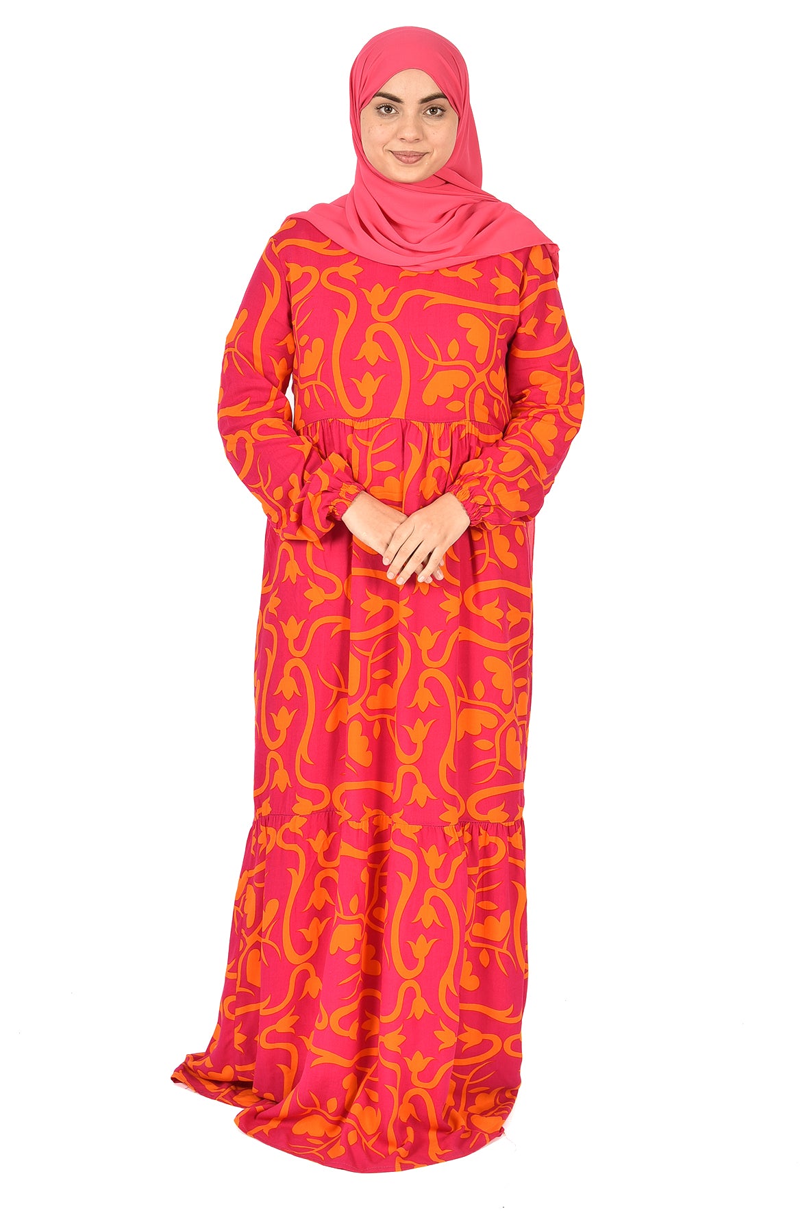 Pink Abaya with Orange Pattern ( guz dress )