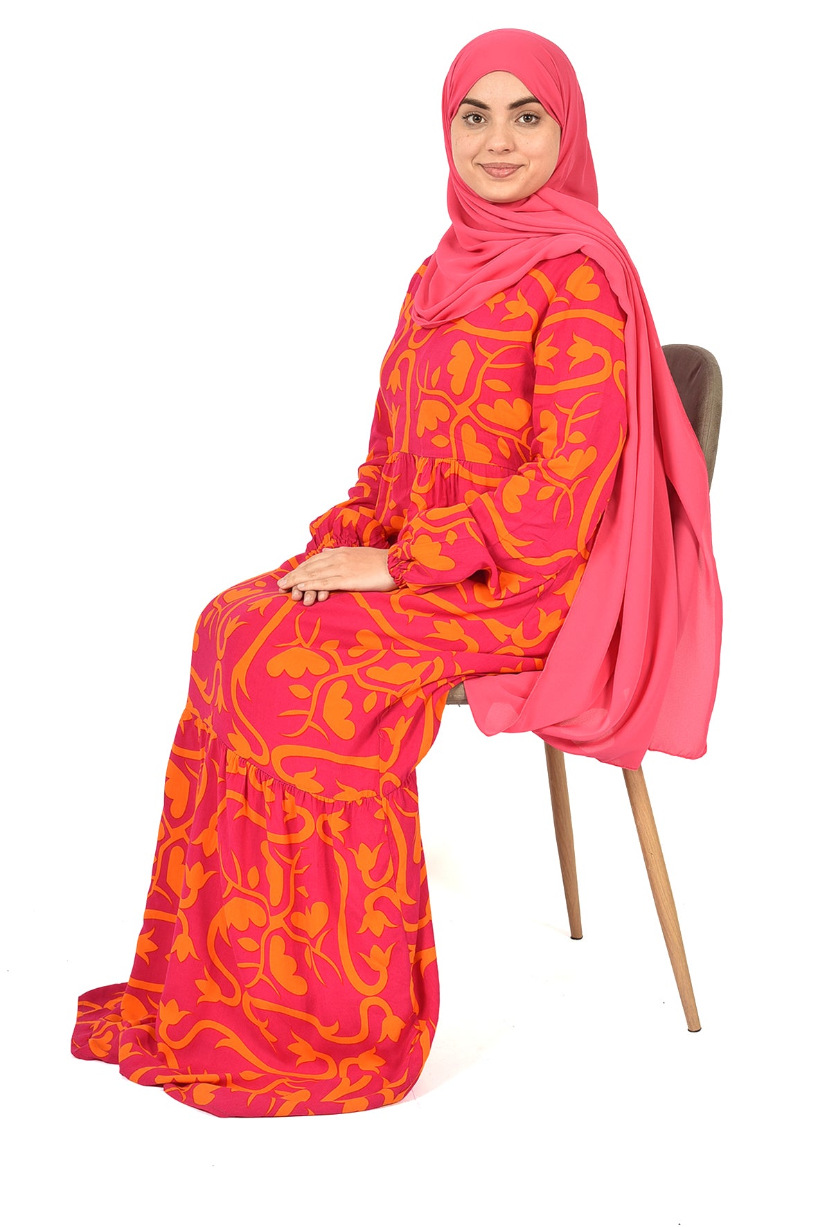 Pink Abaya with Orange Pattern ( guz dress )