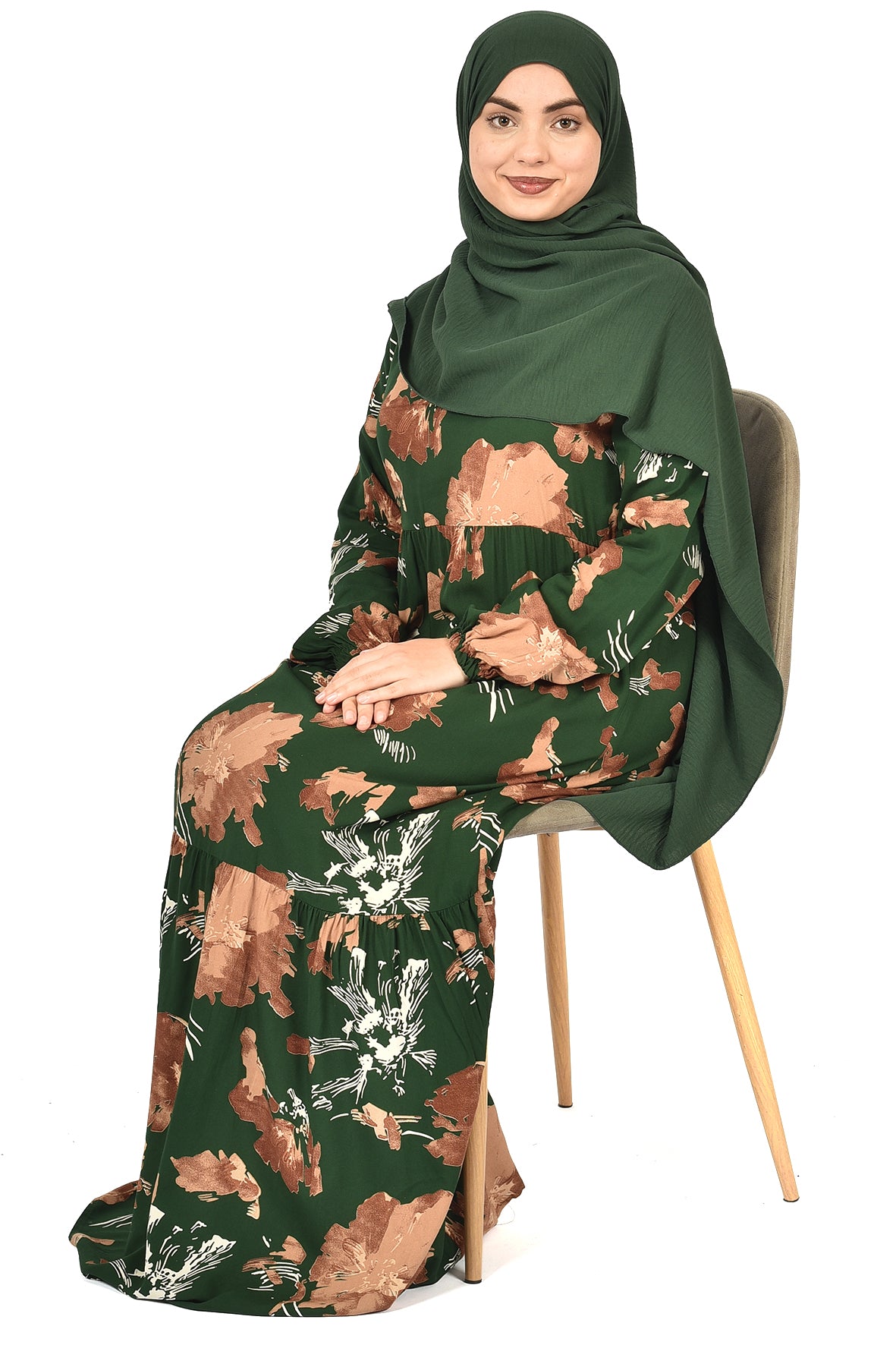 Green Abaya with Brown Floral Print ( guz dress )