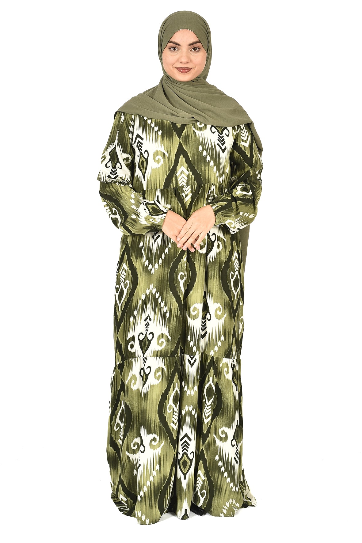 Olive Green Abaya with Geometric Ikat Pattern ( guz dress )