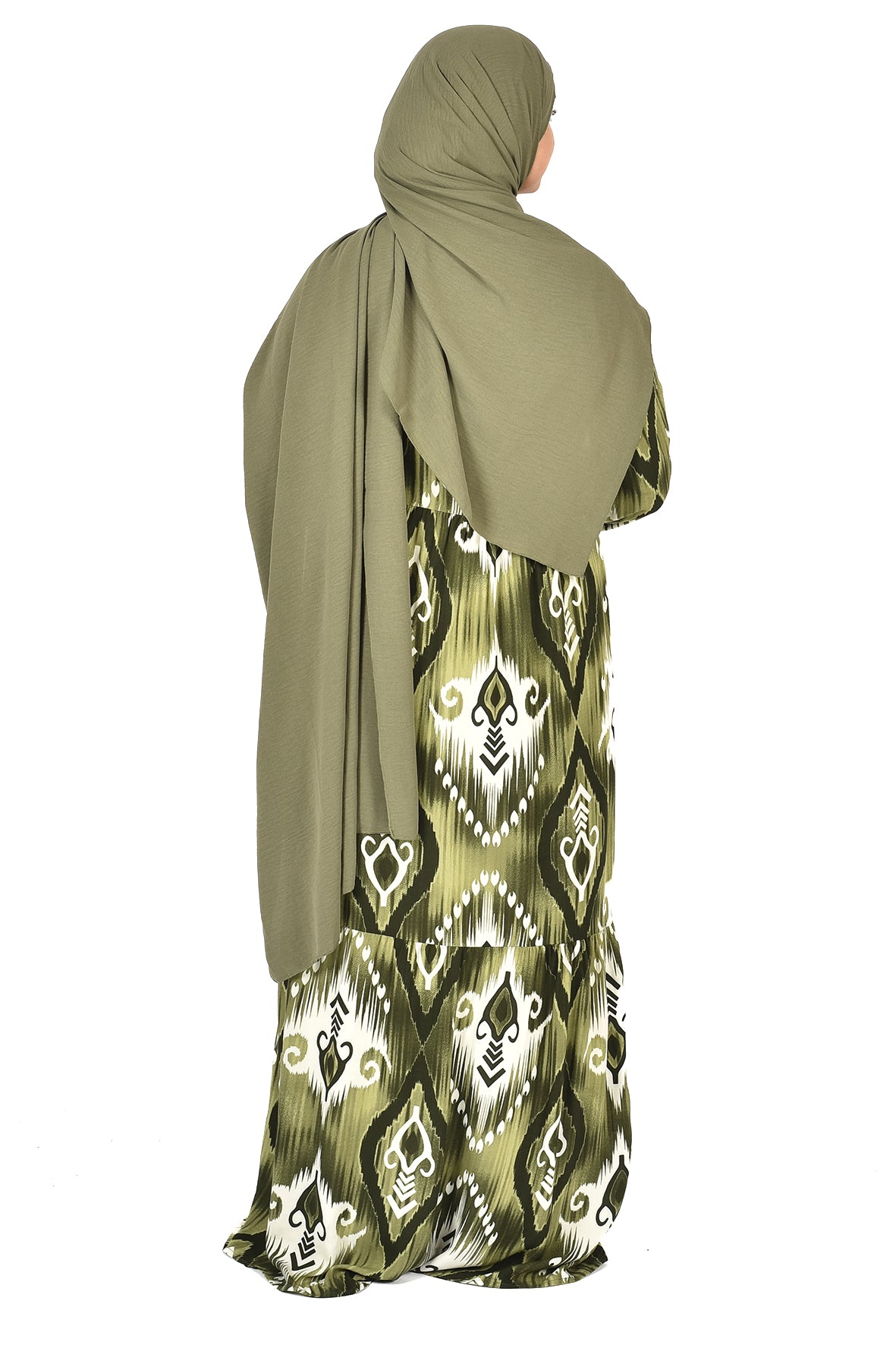 Olive Green Abaya with Geometric Ikat Pattern ( guz dress )
