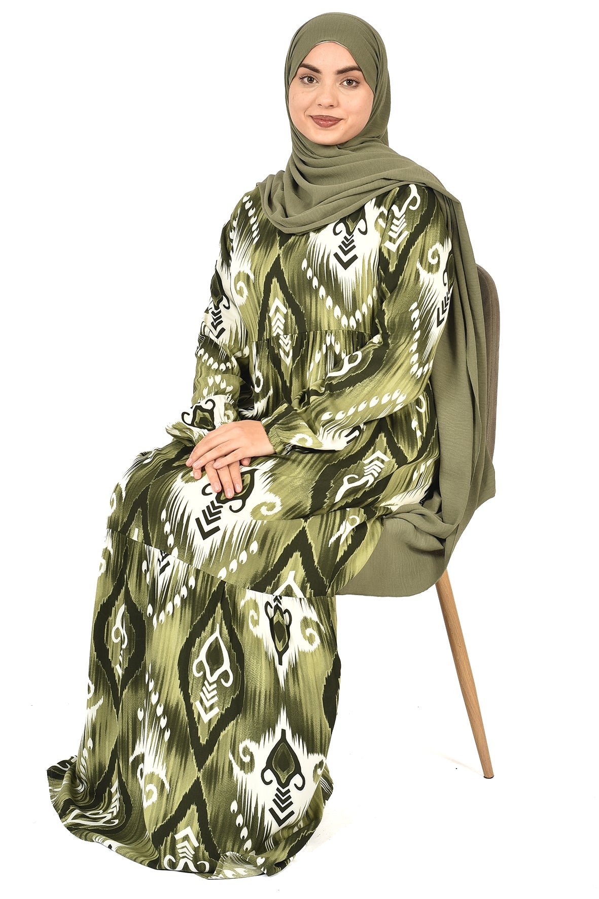 Olive Green Abaya with Geometric Ikat Pattern ( guz dress )