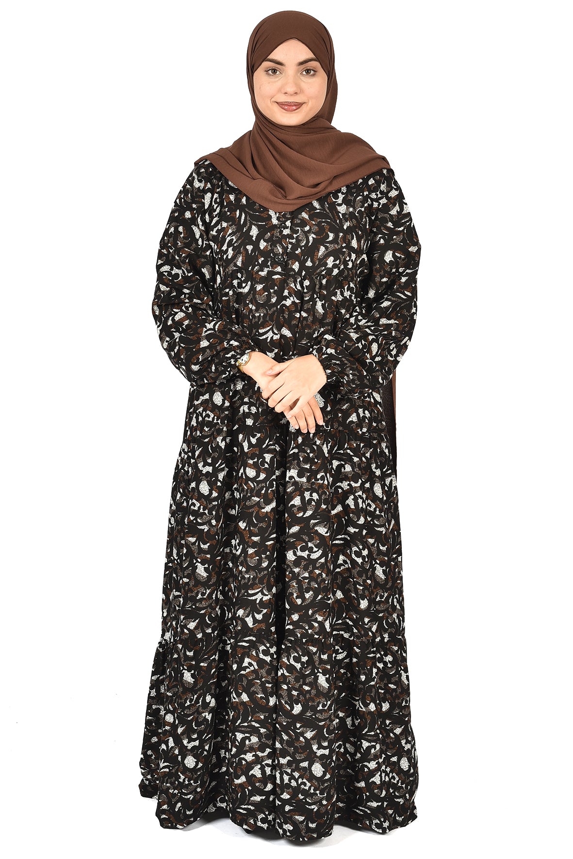 Black Abaya with Intricate Leaf Print – Subtle Sophistication ( GUZ DRESS )