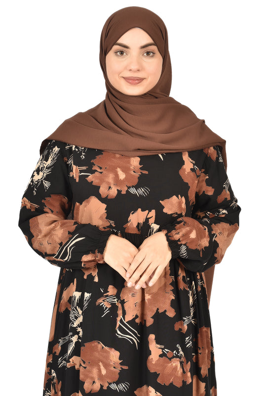 Black Floral Abaya with Earthy Tones – Classic Meets Contemporary ( guz dress )