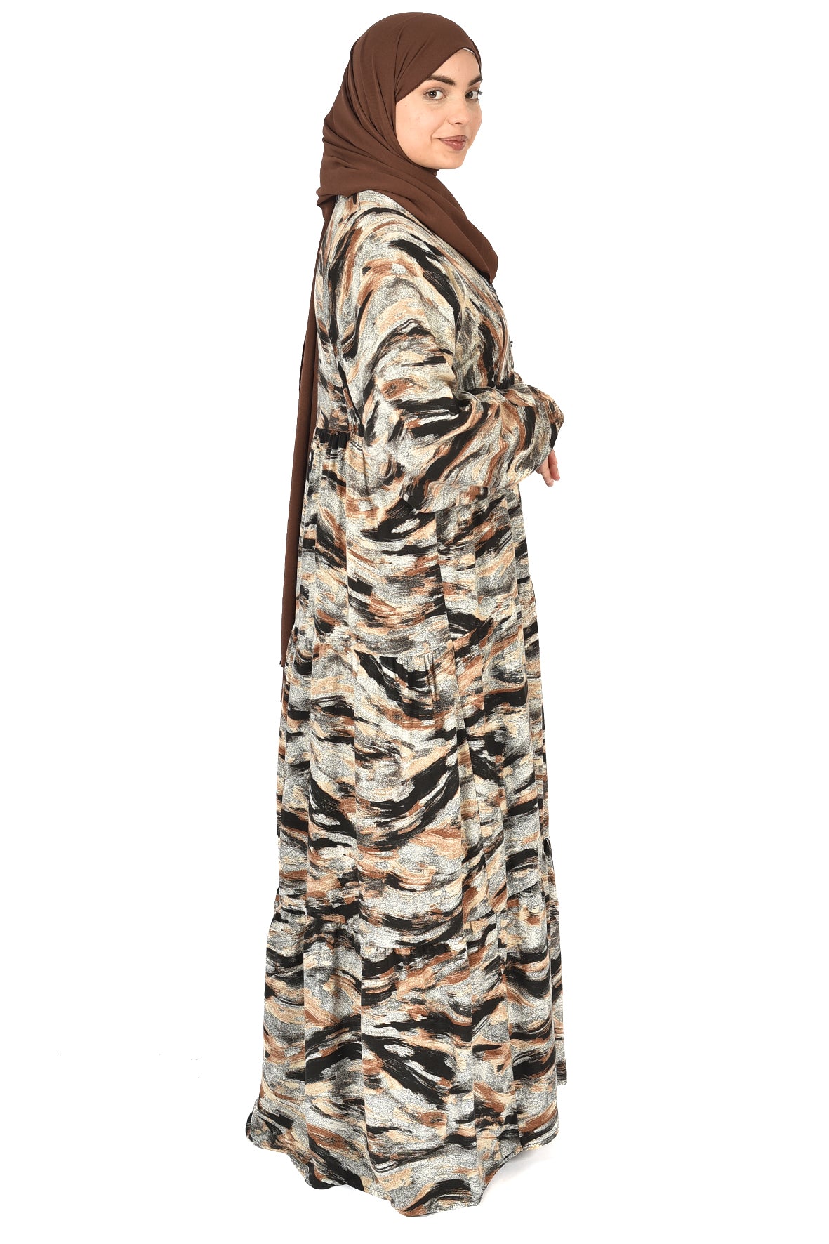 Earth-Toned Artistic Abaya – Abstract Elegance for Every Occasion ( guz dress )