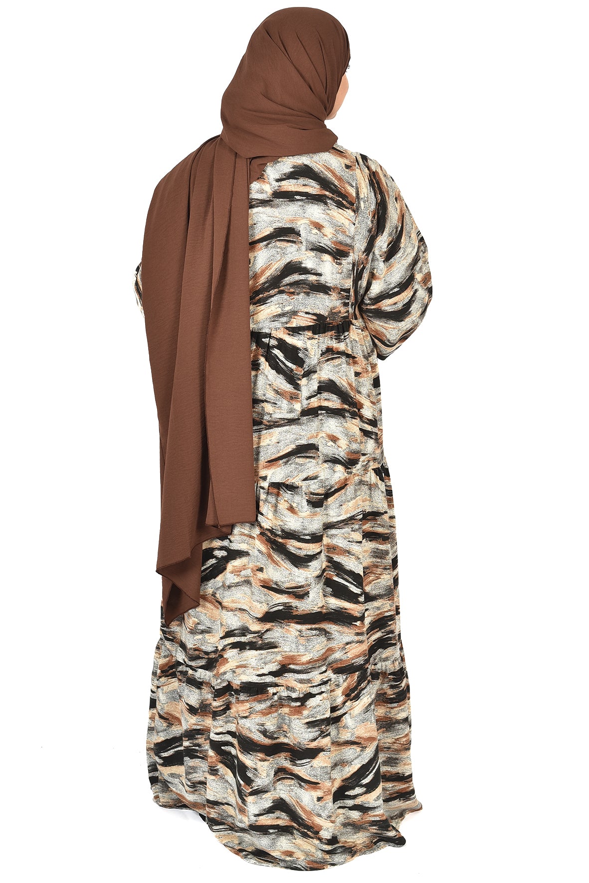 Earth-Toned Artistic Abaya – Abstract Elegance for Every Occasion ( guz dress )