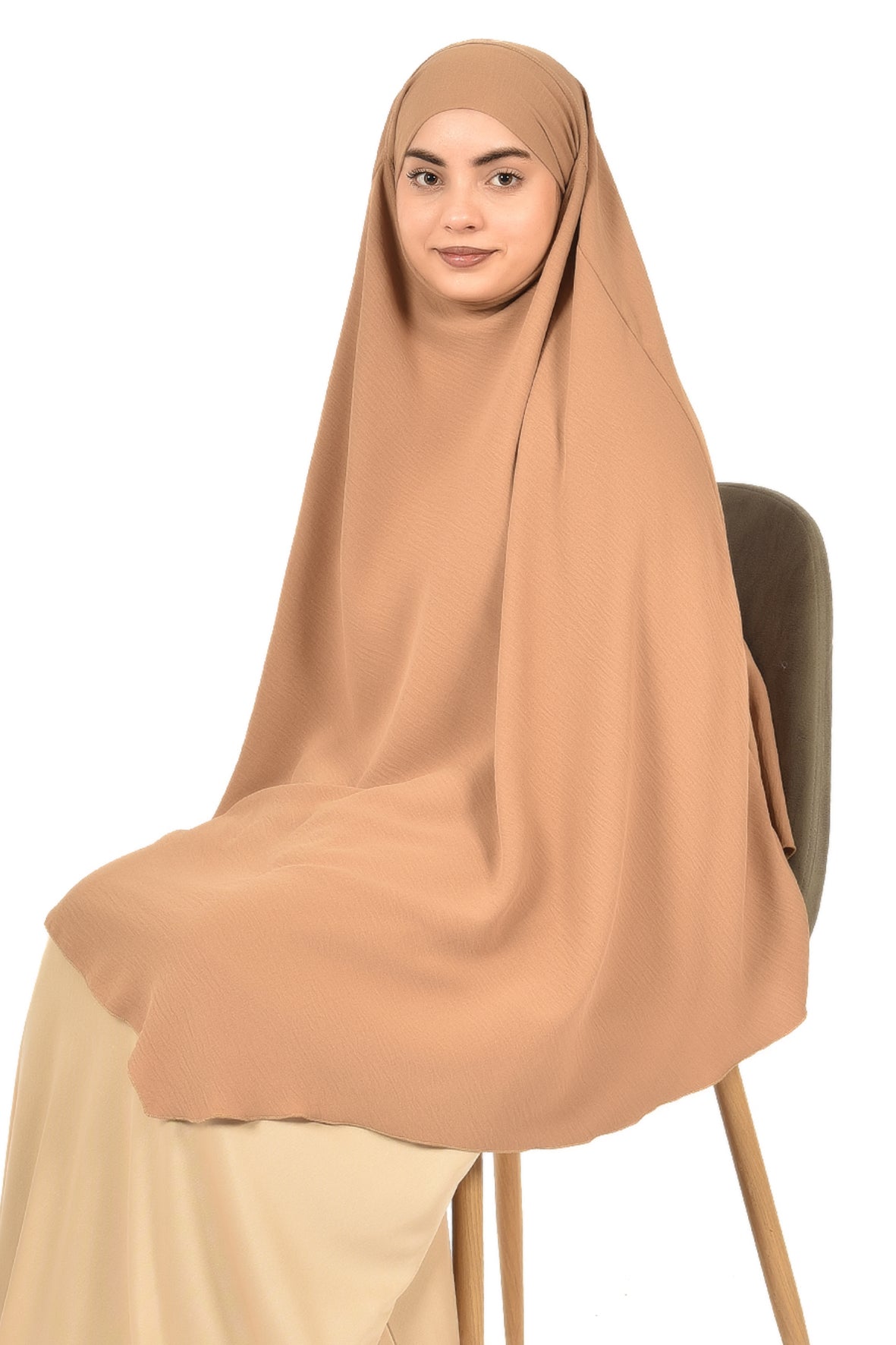 Elegant Women’s Khimar – Sandy Beige, Soft Crepe Fabric