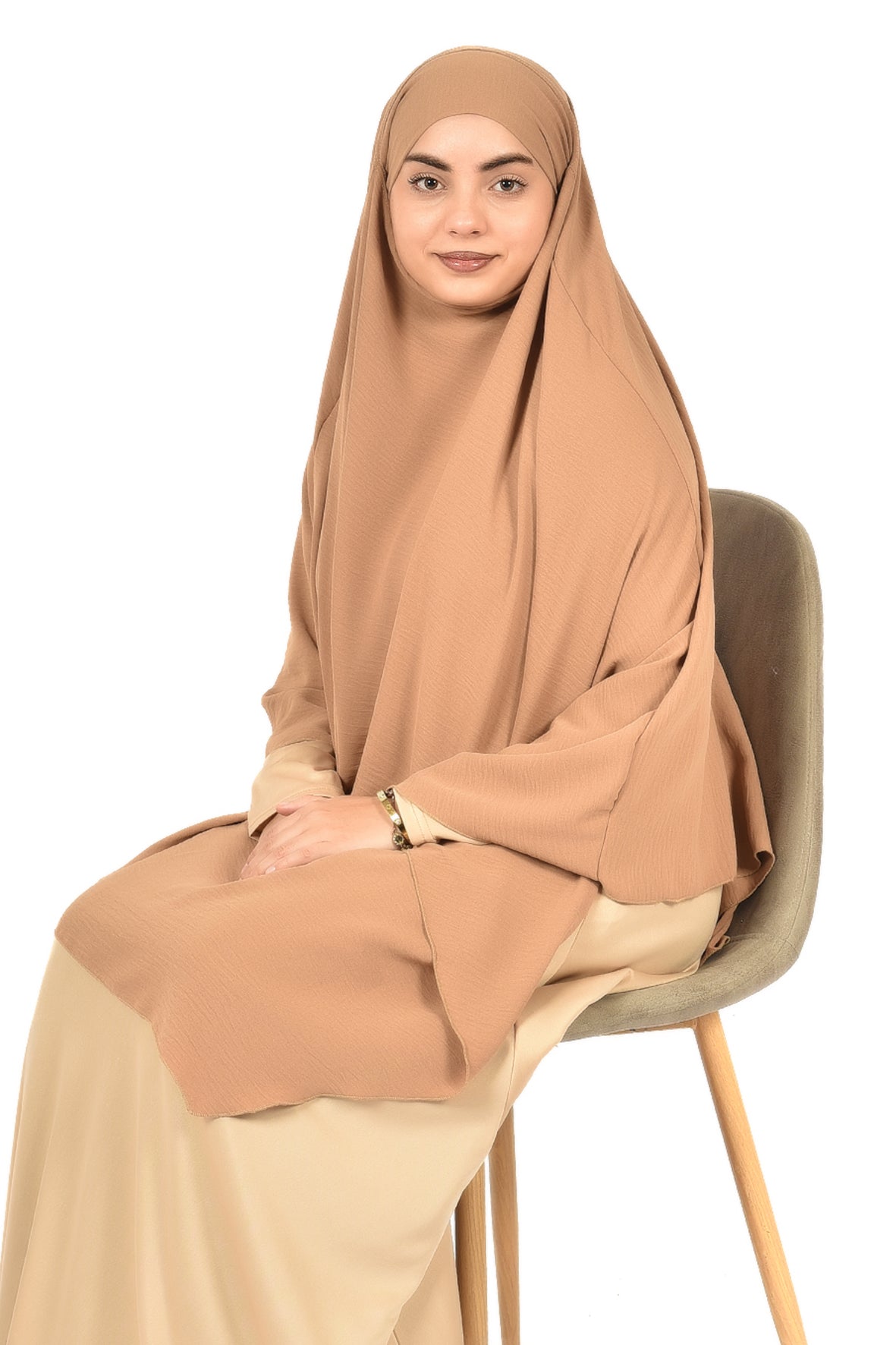 Elegant Women’s Khimar – Sandy Beige, Soft Crepe Fabric