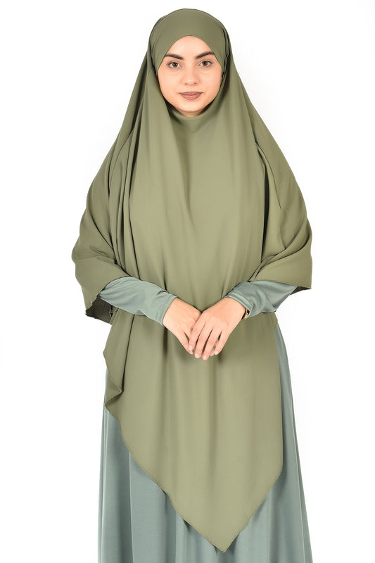 Elegant Women’s Khimar – Light Olive Green, Soft Crepe Fabric