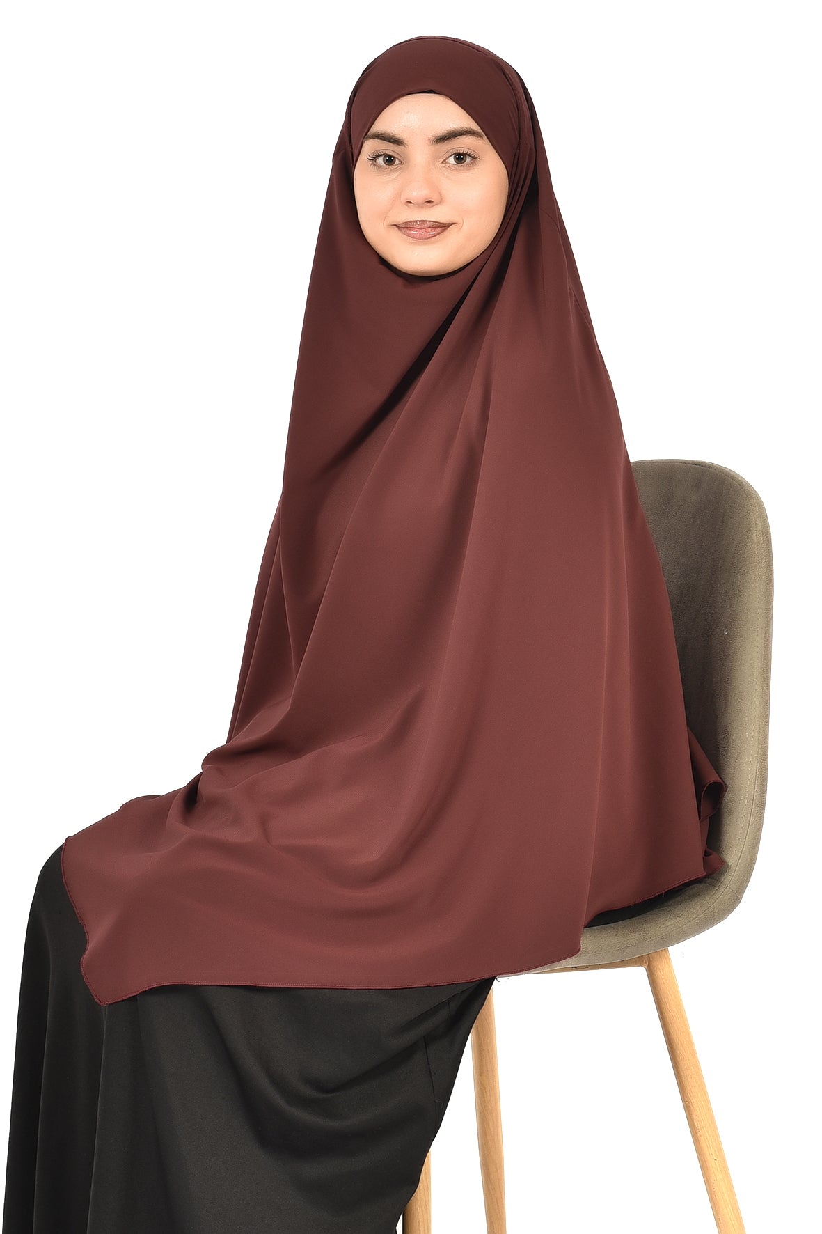 Elegant Women’s Khimar – Dark Chocolate Brown, Soft Crepe Fabric