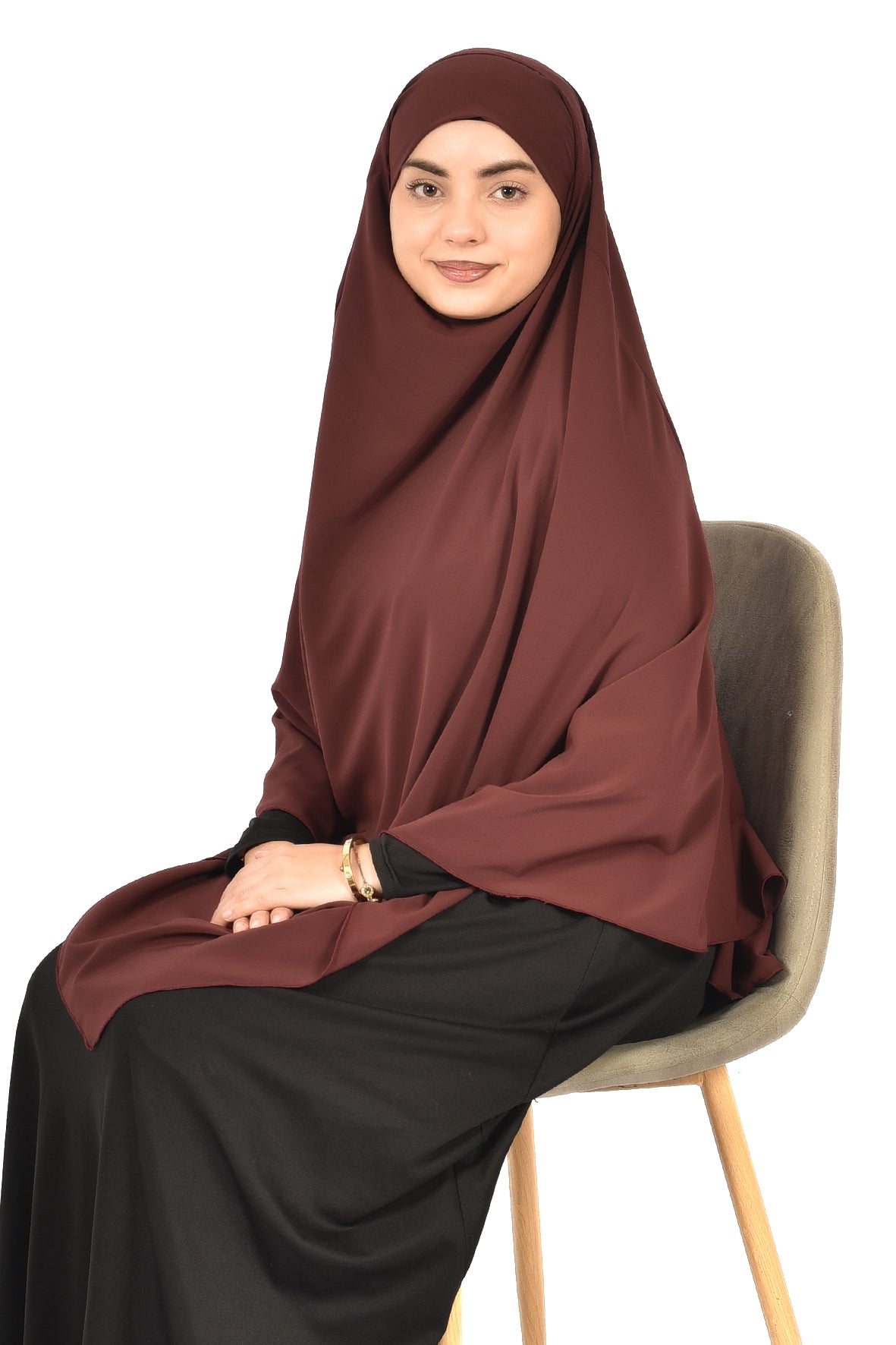 Elegant Women’s Khimar – Dark Chocolate Brown, Soft Crepe Fabric
