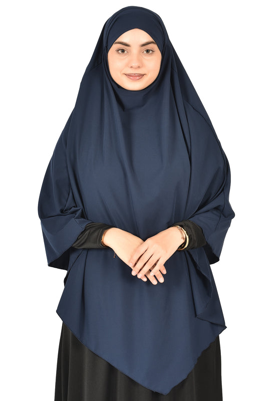 Elegant Women’s Khimar – Dark Navy Blue, Soft Crepe Fabric