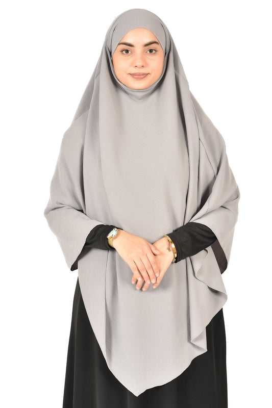 Elegant Women’s Khimar – Light Grey, Soft Crepe Fabric