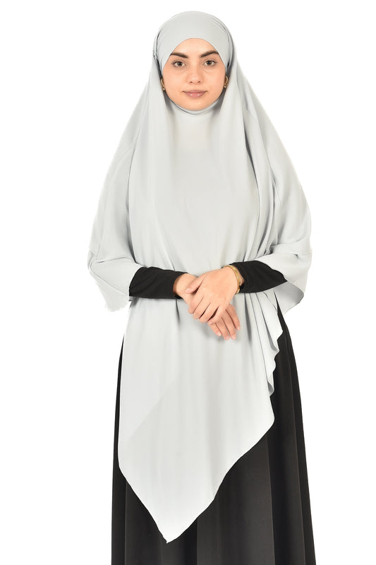 Elegant Women’s Khimar – Light Silver Grey, Soft Crepe Fabric