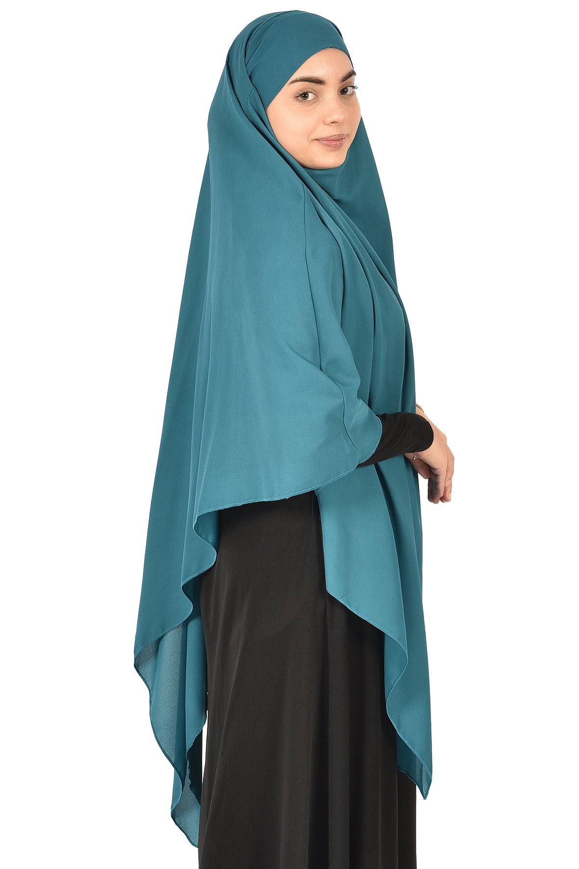 Elegant Women’s Khimar – Dark Teal Blue, Soft Crepe Fabric