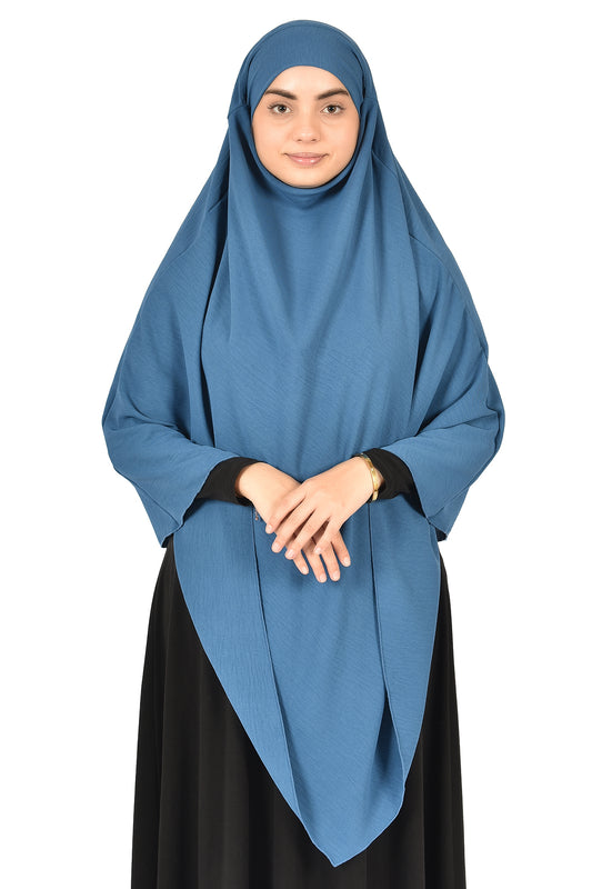 Elegant Women’s Khimar – Denim Blue, Soft Crepe Fabric