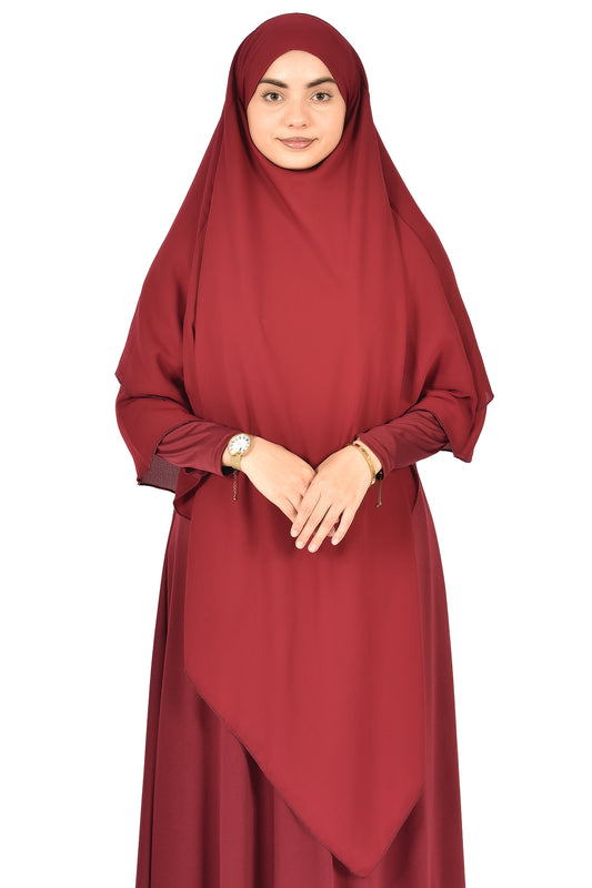 Elegant Women’s Khimar – Dark Maroon, Soft Crepe Fabric