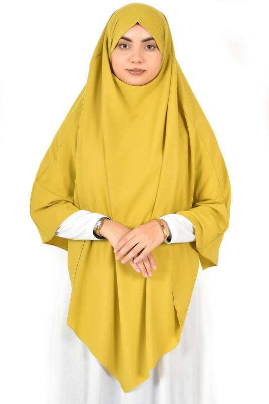 Elegant Women’s Khimar – Mustard Yellow, Soft Crepe Fabric