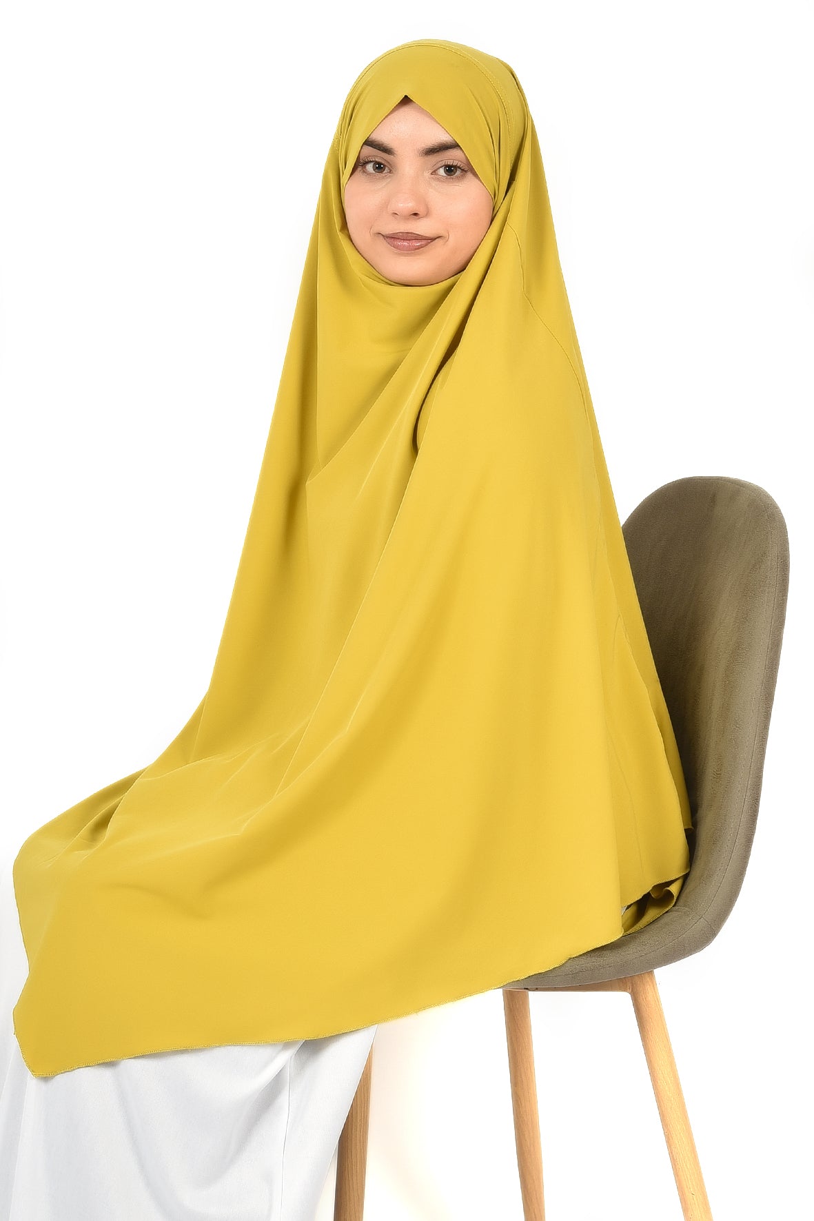 Elegant Women’s Khimar – Mustard Yellow, Soft Crepe Fabric