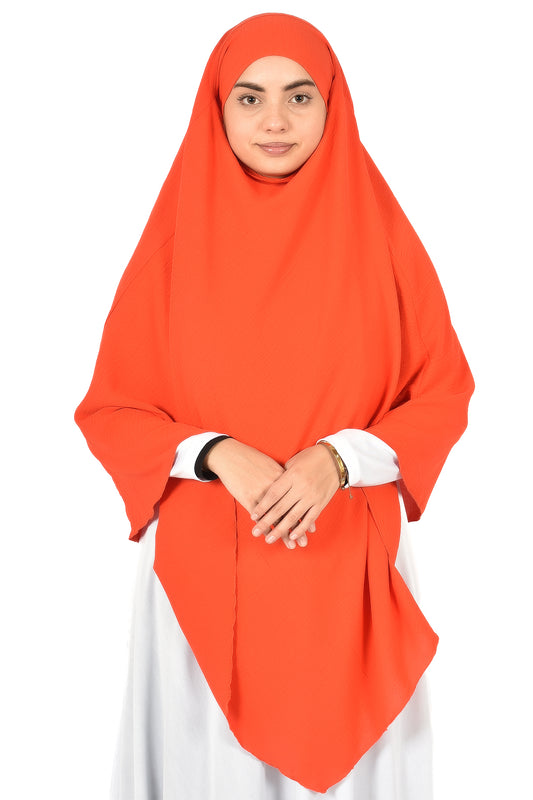 Elegant Women’s Khimar – Bright Orange, Lightweight Crepe Fabric