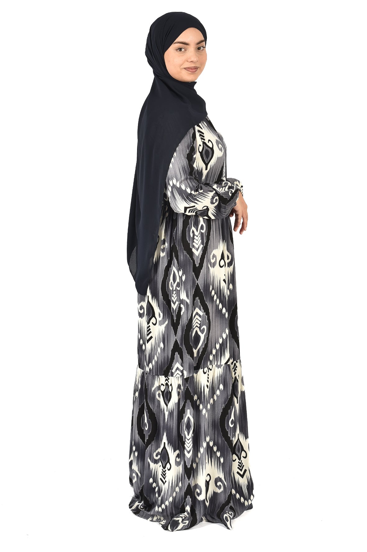 Elegant Black & Grey Printed Abaya with Modern Style
