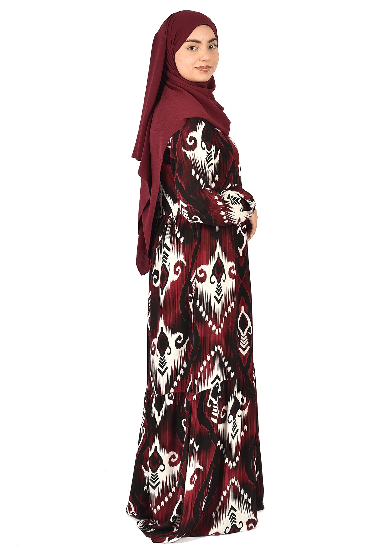 Elegant Maroon & Black Printed Abaya with Modern Style