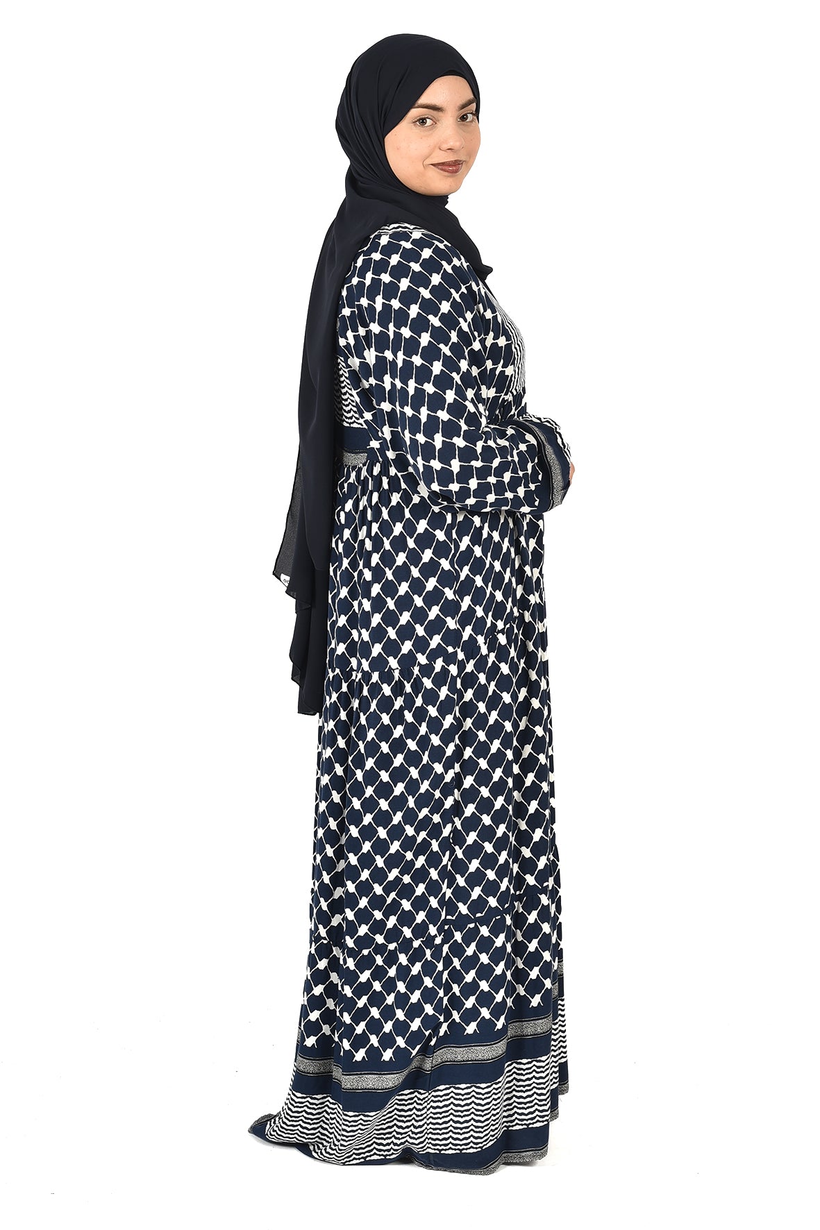 Navy Blue Abaya with White Pattern and Loose Comfortable Fit