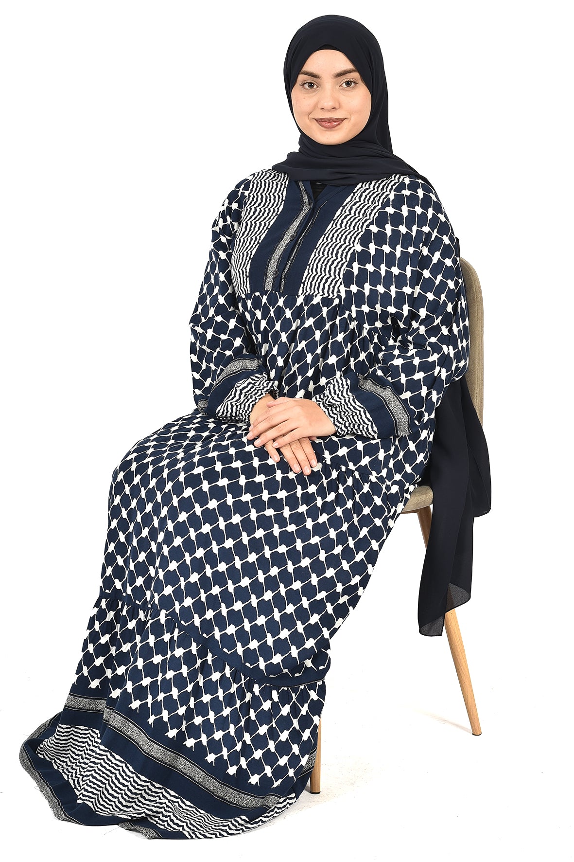 Navy Blue Abaya with White Pattern and Loose Comfortable Fit