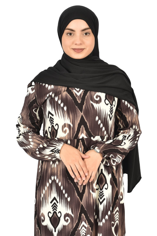 Brown Abaya with Modern Geometric Prints( guz dress )