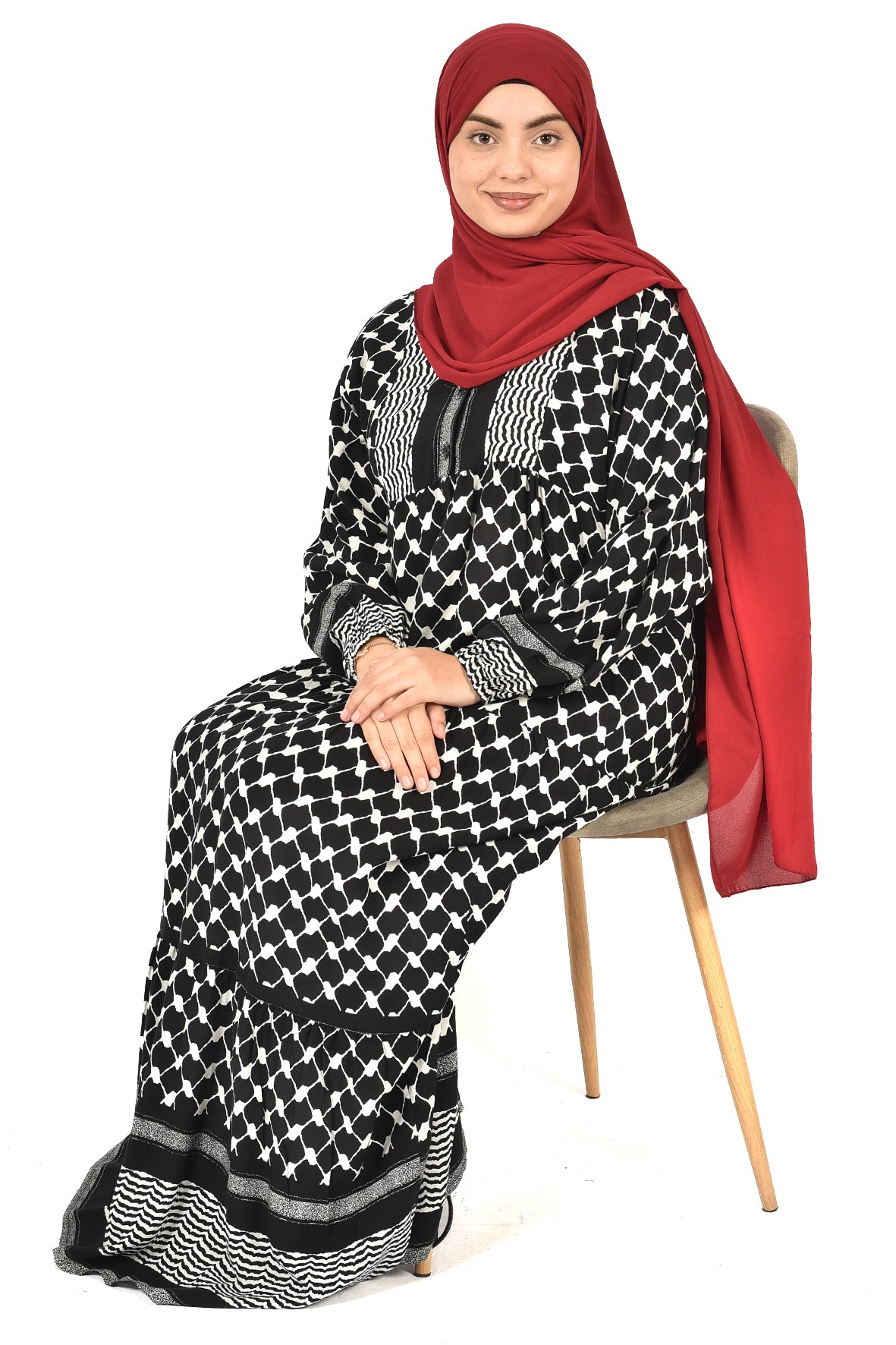Palestinian Keffiyeh Print Dress – Elegant Heritage-Inspired Modest Wear( guz dress )