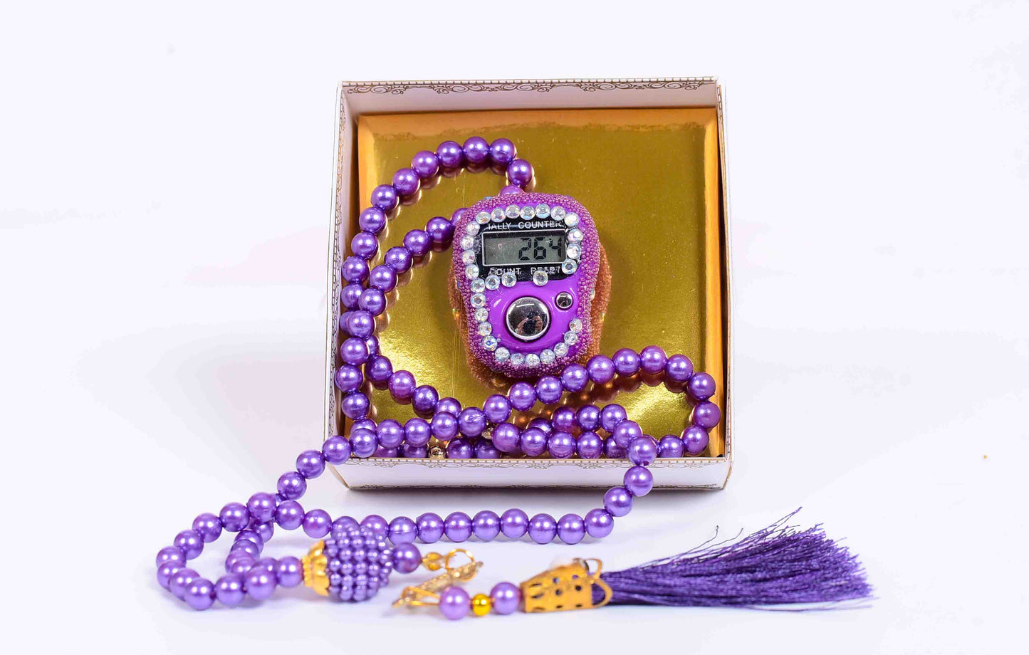 99 Bead Crystal Prayer Beads + Fancy Digital Smart Zikr Counter Gift Set