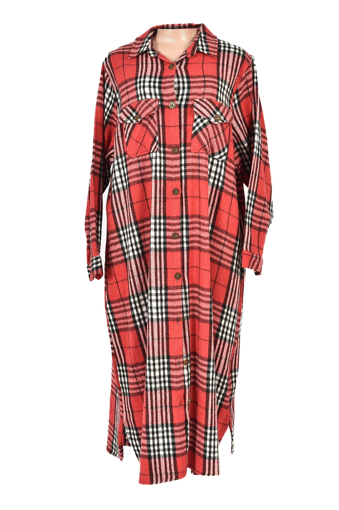 3/4 length checked winter dress - red