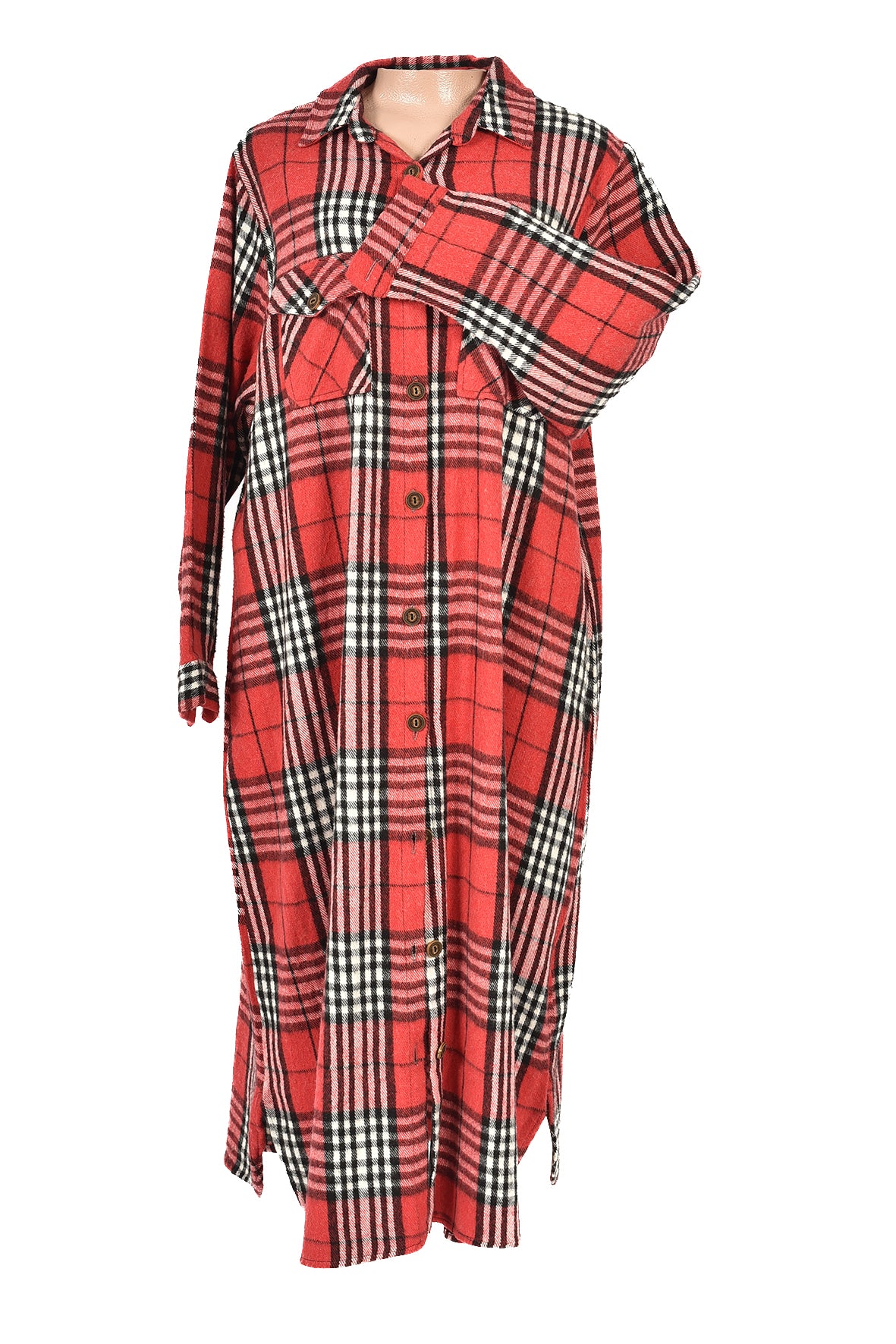 3/4 length checked winter dress - red