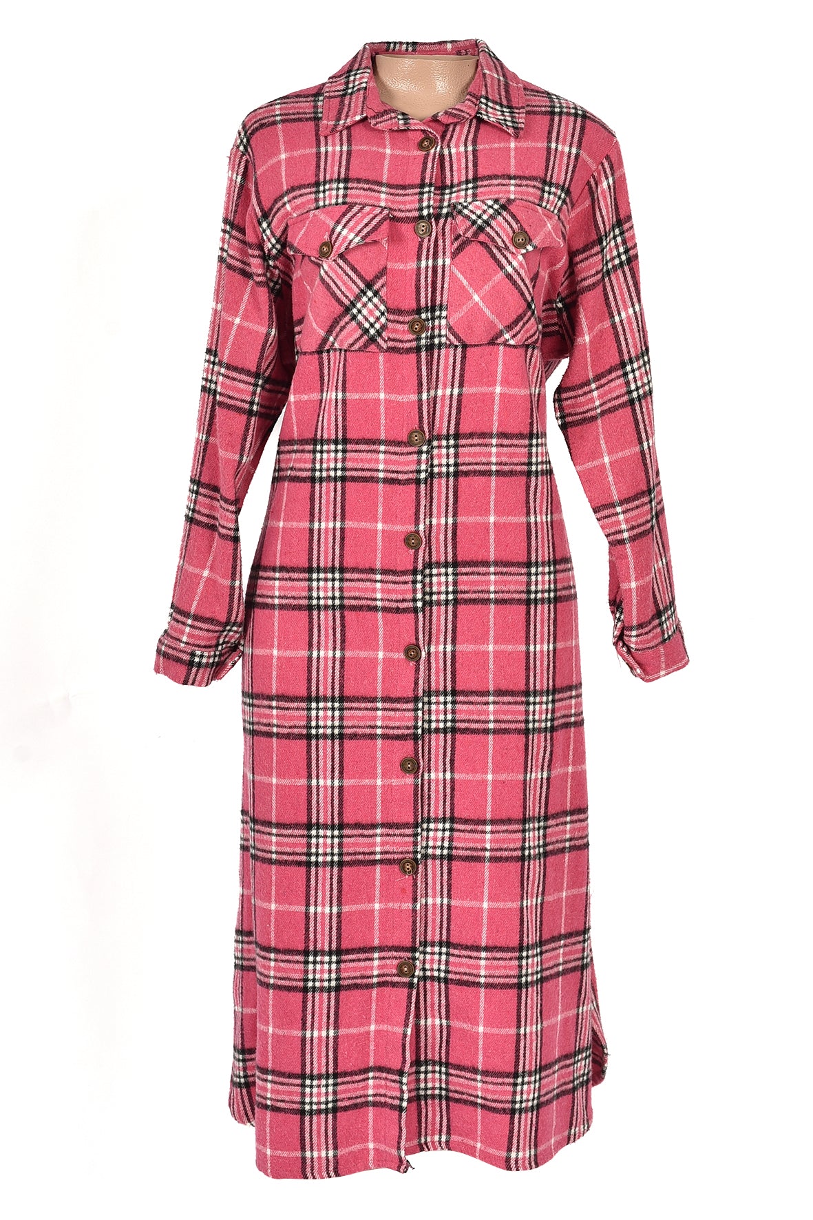 3/4 length checked winter dress -pink