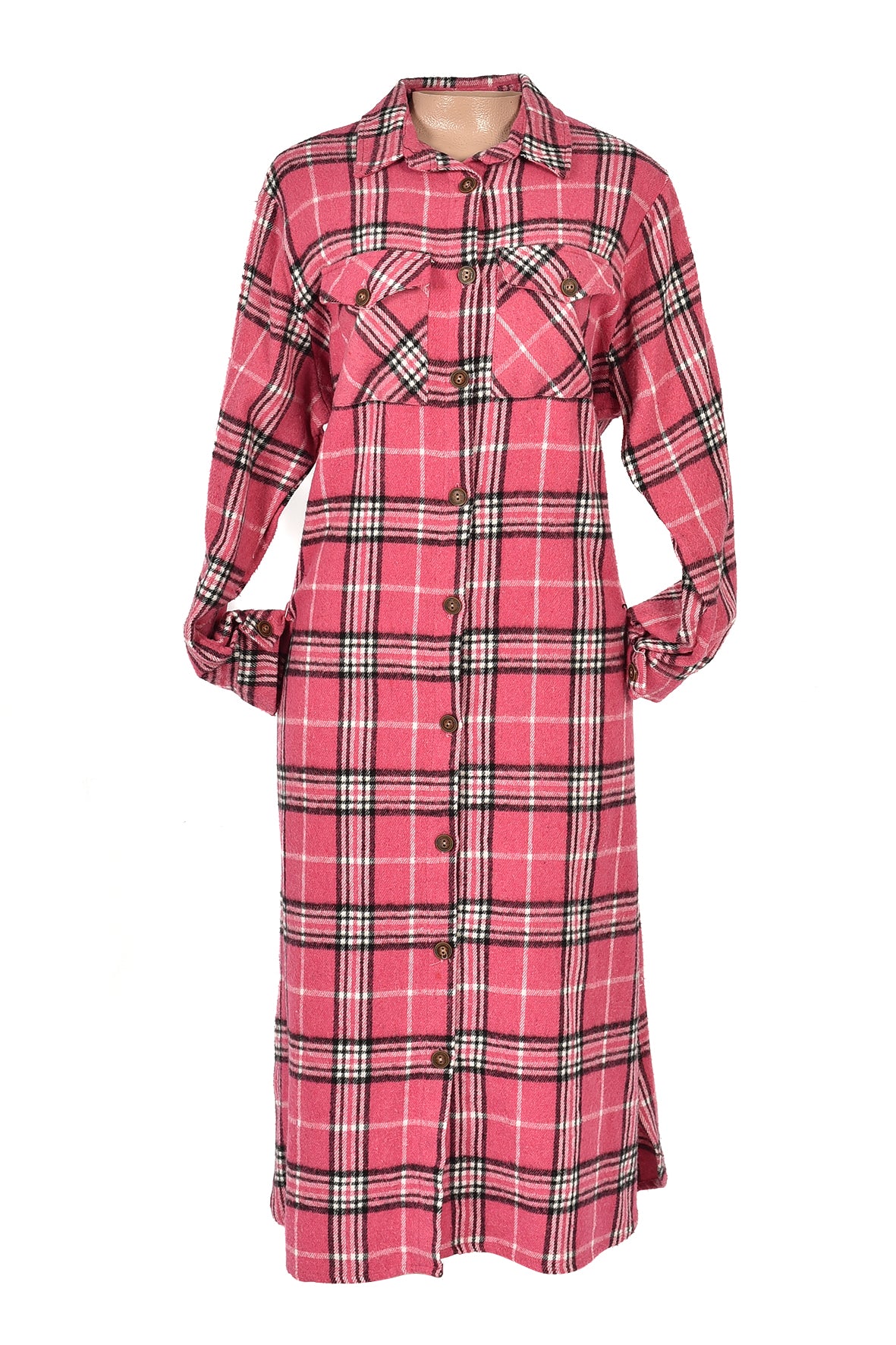 3/4 length checked winter dress -pink