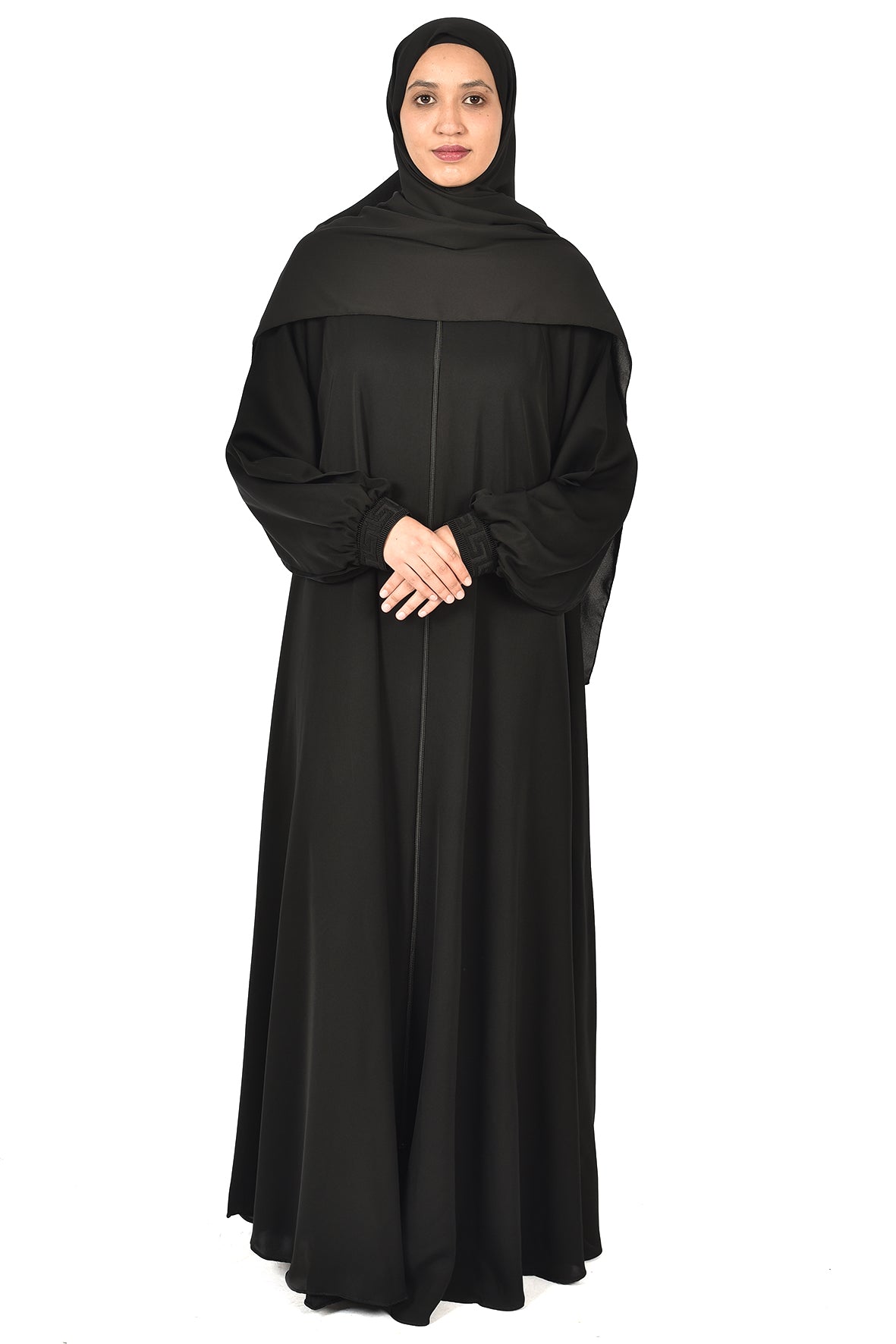 Classic Black Abaya with Elastic Cuffed Sleeves ( ladies abaya )