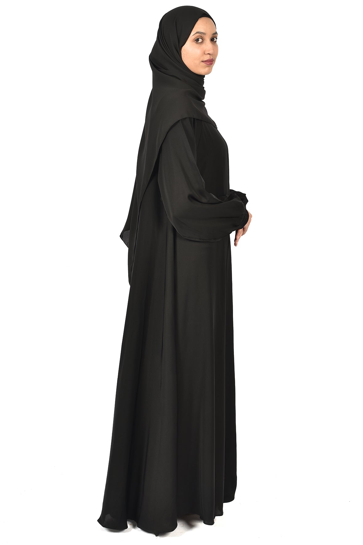 Classic Black Abaya with Elastic Cuffed Sleeves ( ladies abaya )
