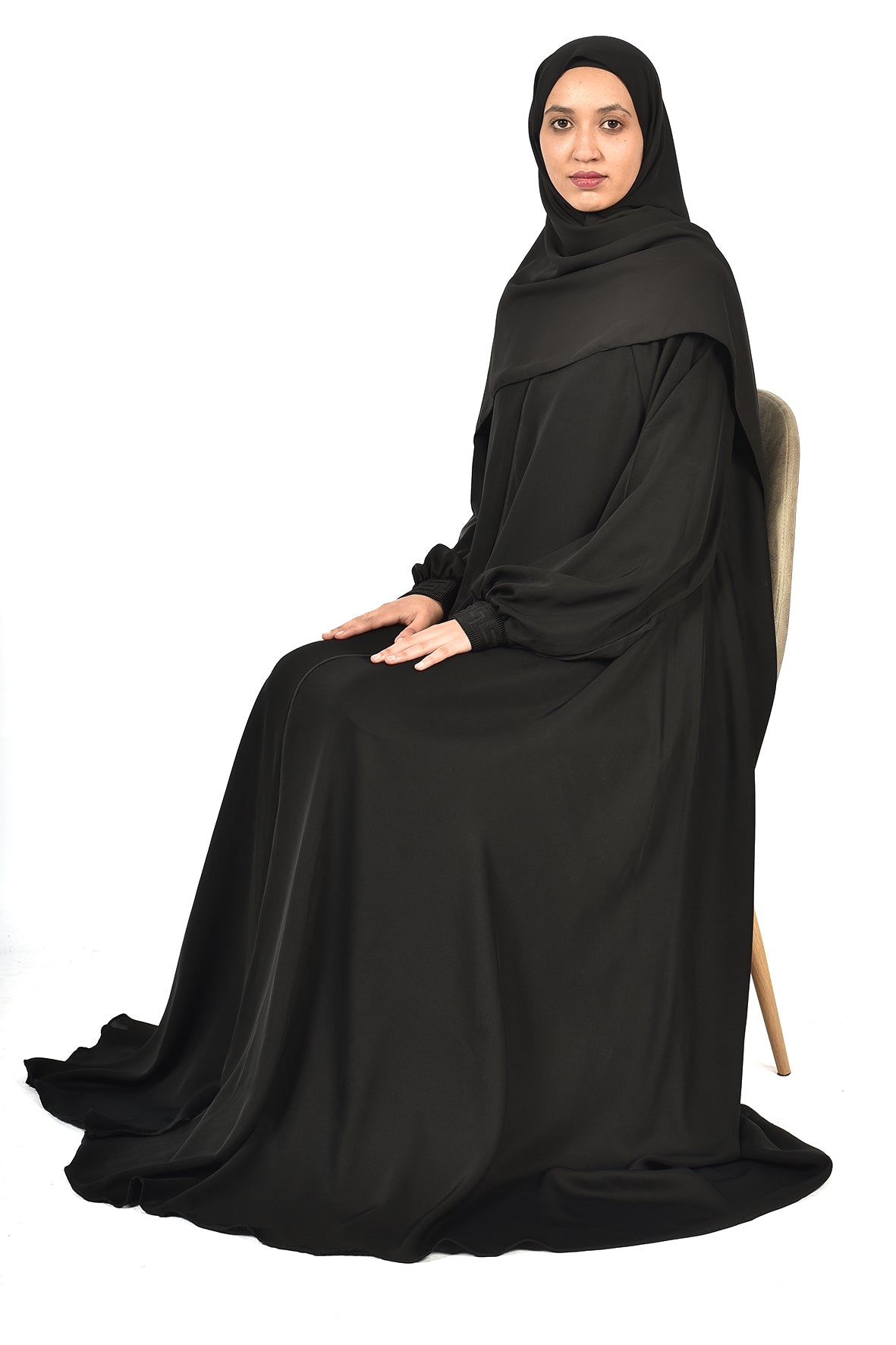 Classic Black Abaya with Elastic Cuffed Sleeves ( ladies abaya )