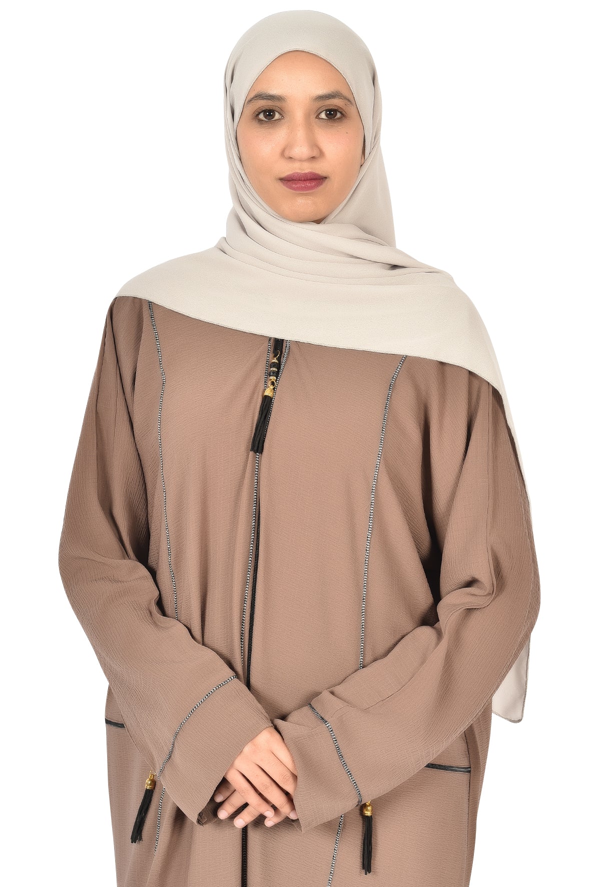 Light Mocha Abaya with Elegant Silver Embroidery ( ladies abaya )