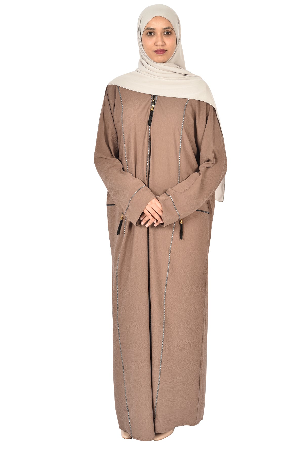 Light Mocha Abaya with Elegant Silver Embroidery ( ladies abaya )