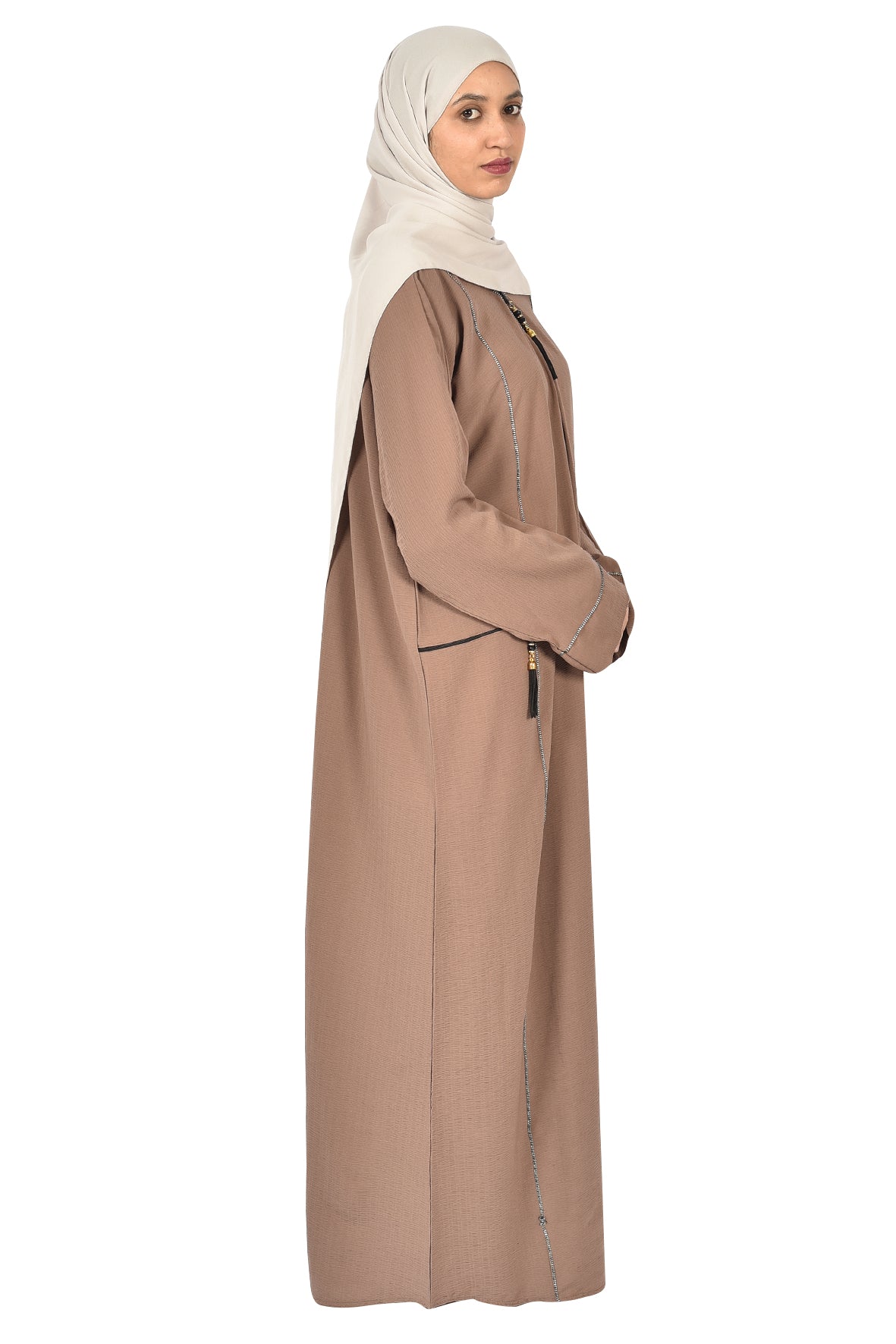 Light Mocha Abaya with Elegant Silver Embroidery ( ladies abaya )