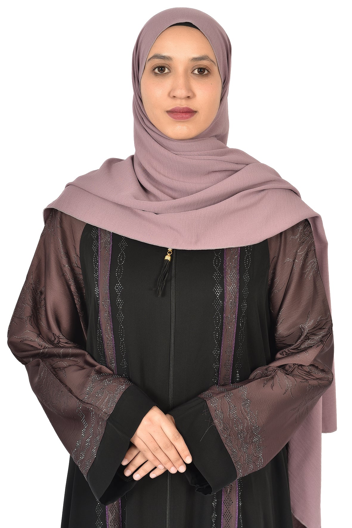 Black Abaya with Purple Embroidery and Satin Sleeves ladies abaya