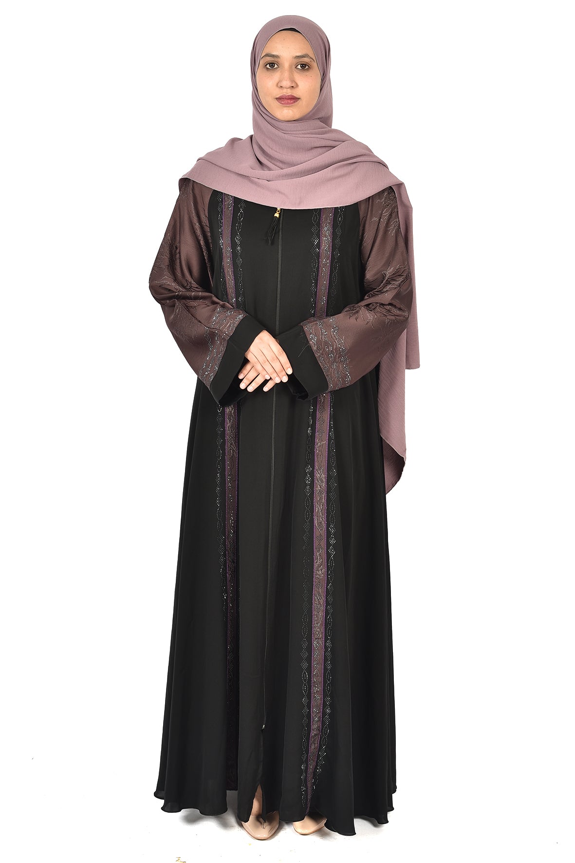 Black Abaya with Purple Embroidery and Satin Sleeves ladies abaya