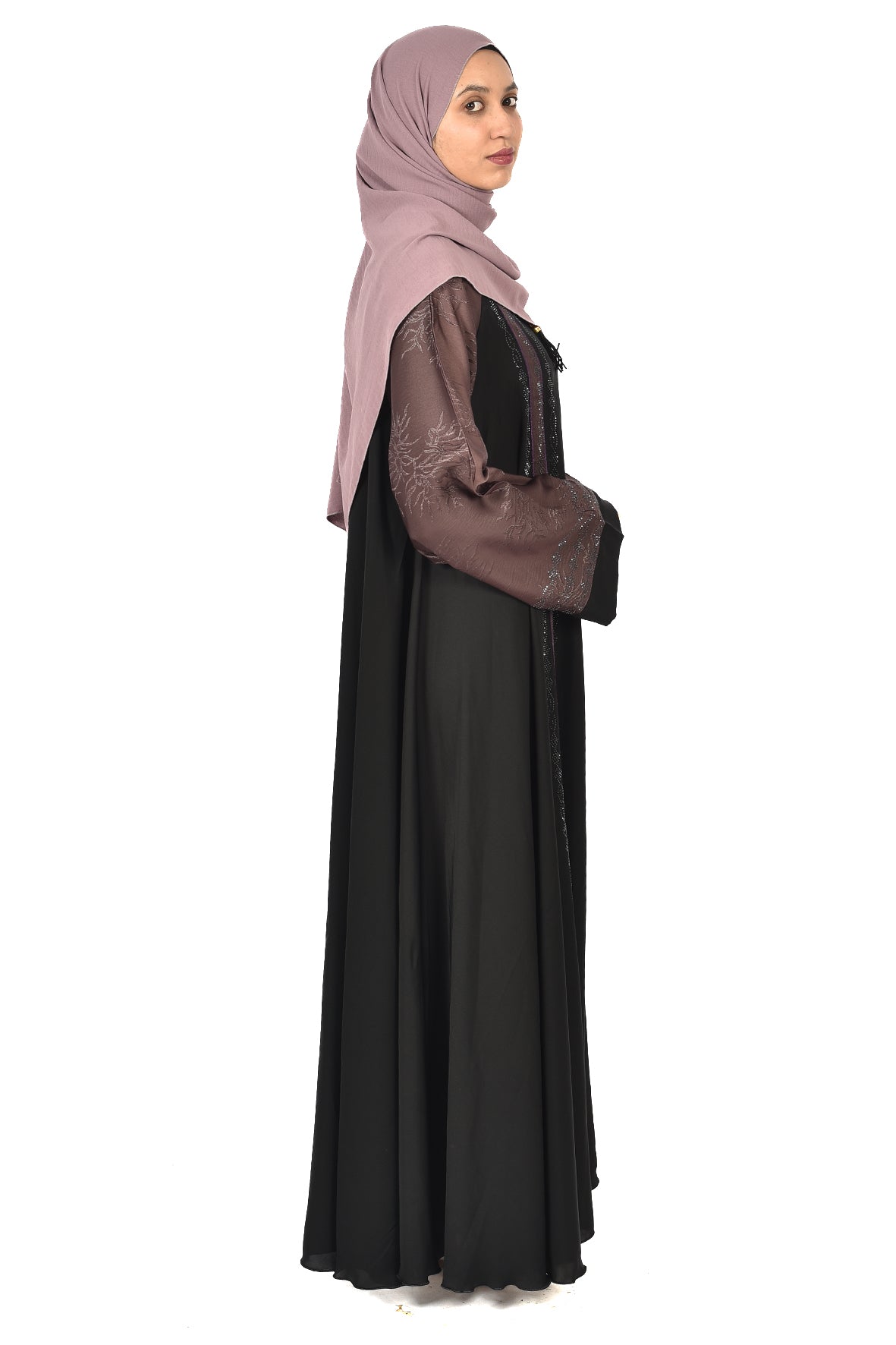 Black Abaya with Purple Embroidery and Satin Sleeves ladies abaya