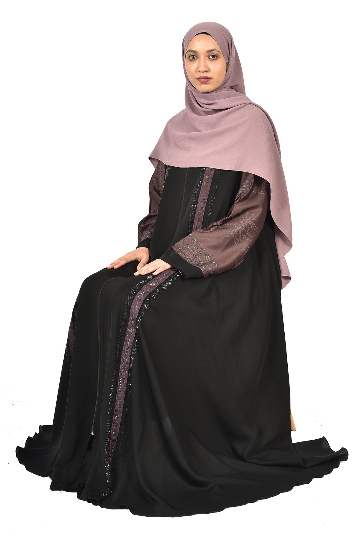 Black Abaya with Purple Embroidery and Satin Sleeves ladies abaya