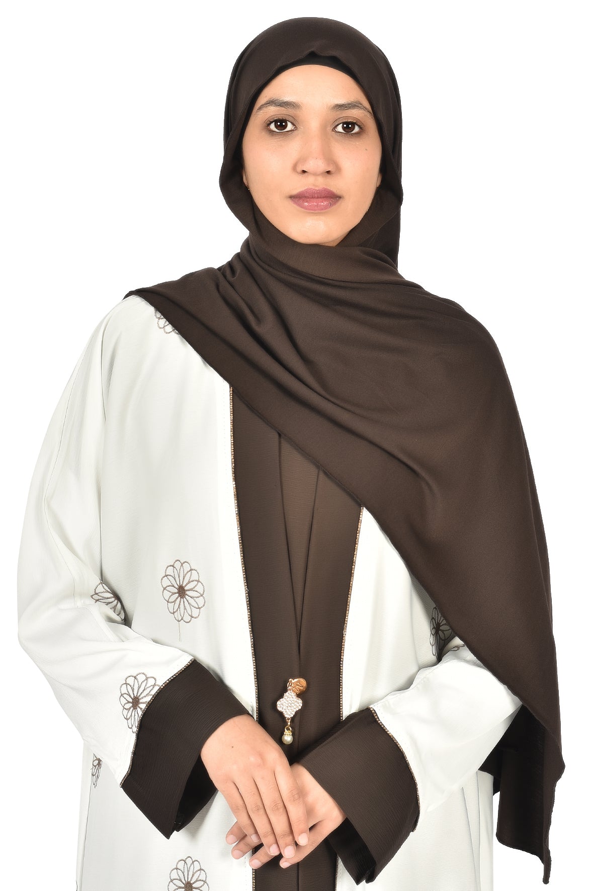 White Floral Embroidered Abaya with Brown Accents (ladies abaya )