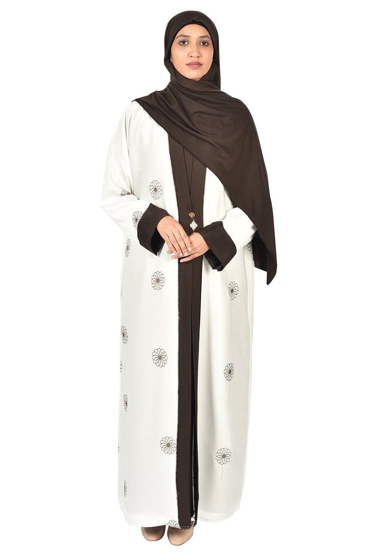 White Floral Embroidered Abaya with Brown Accents (ladies abaya )
