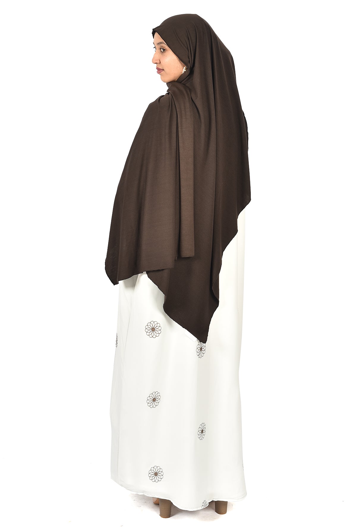 White Floral Embroidered Abaya with Brown Accents (ladies abaya )